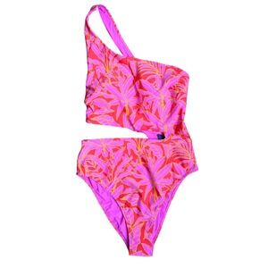 H&M One Shoulder Cutout Swimsuit Womens S‎ Pink Tropical Palm Print Bright NWT